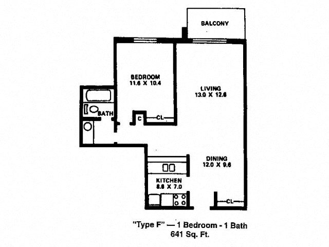 Floor plan for 1 bed, 1 bath, 641 sqft